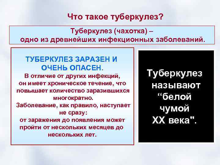 Что такое туберкулез? Туберкулез (чахотка) – одно из древнейших инфекционных заболеваний. ТУБЕРКУЛЕЗ ЗАРАЗЕН И