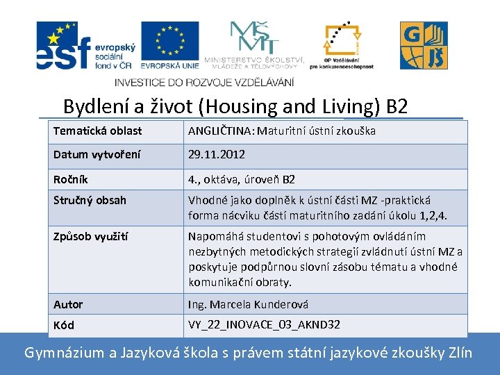 Bydlení a život (Housing and Living) B 2 Tematická oblast ANGLIČTINA: Maturitní ústní zkouška