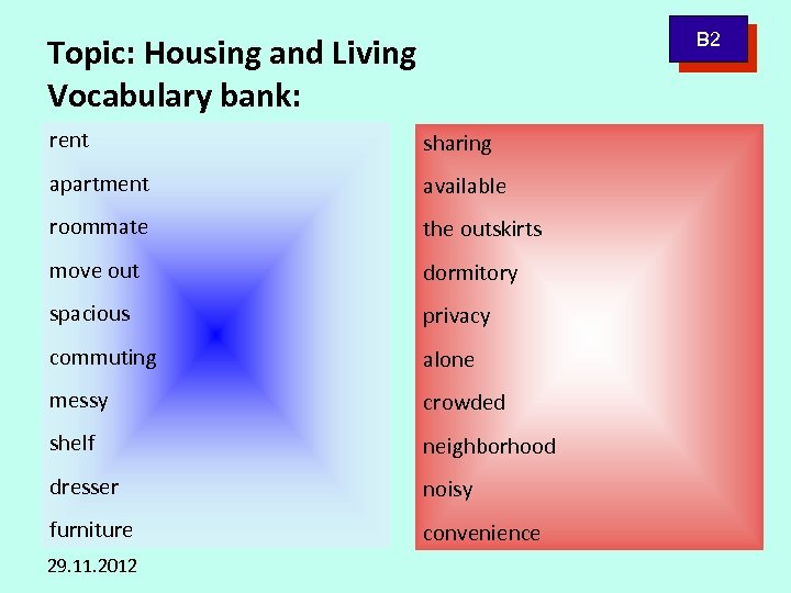 B 2 Topic: Housing and Living Vocabulary bank: rent sharing apartment available roommate the