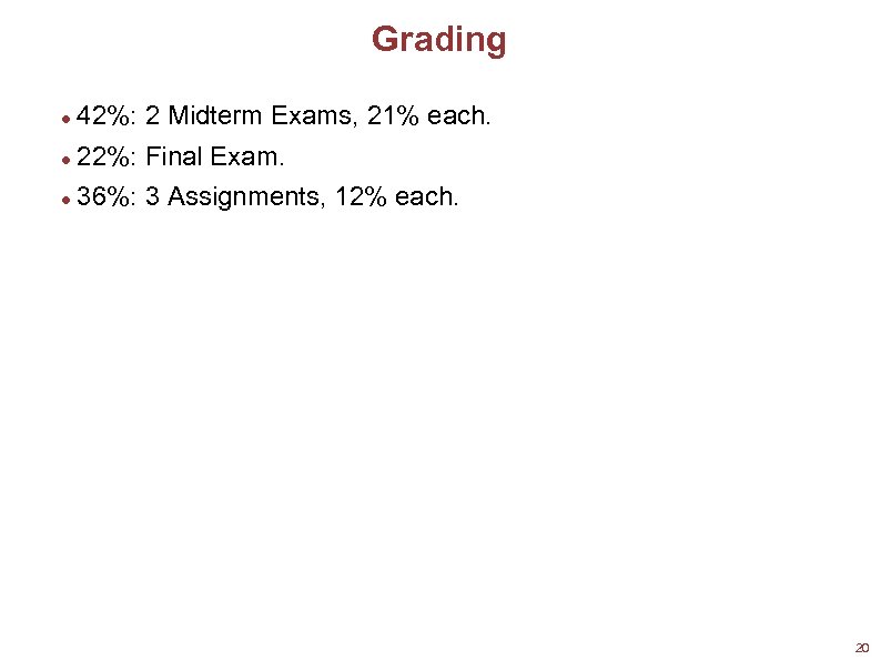 Grading 42%: 2 Midterm Exams, 21% each. 22%: Final Exam. 36%: 3 Assignments, 12%