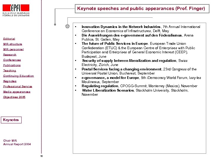 Keynote speeches and public appearances (Prof. Finger) • • Editorial • MIR structure MIR
