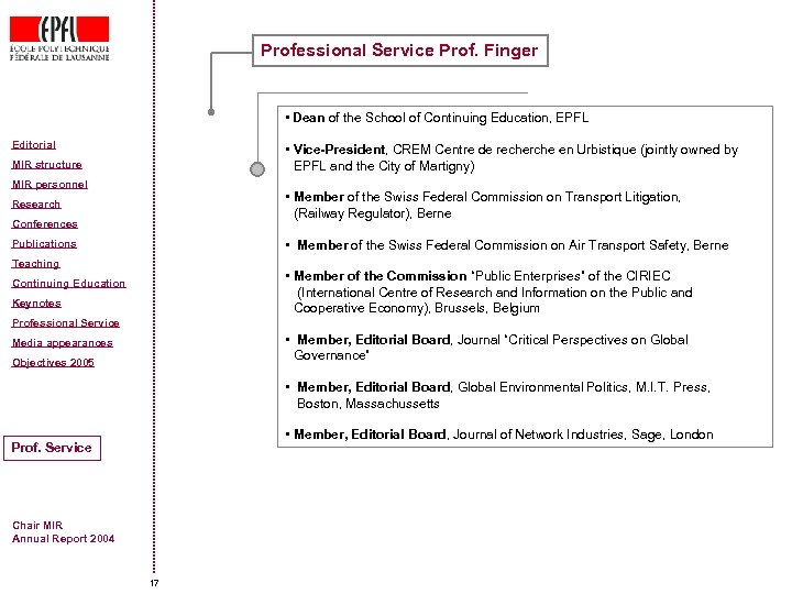 Professional Service Prof. Finger • Dean of the School of Continuing Education, EPFL Editorial