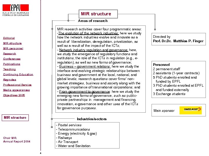 MIR structure Areas of research MIR research activities cover four programmatic areas: -The evolution