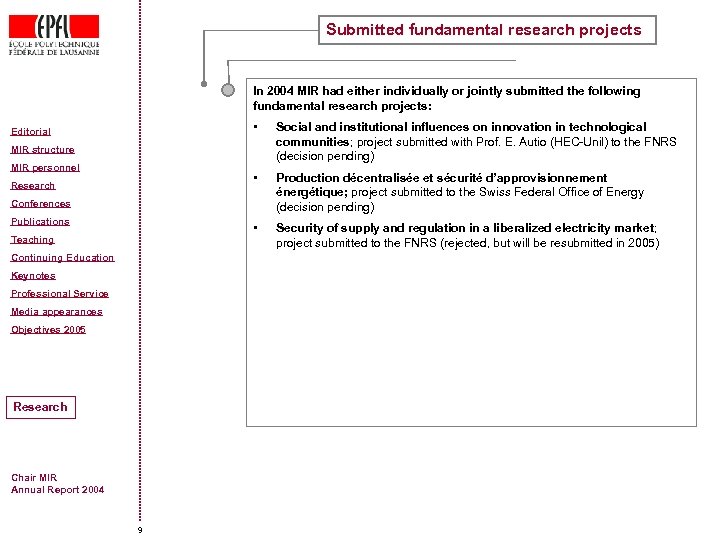 Submitted fundamental research projects In 2004 MIR had either individually or jointly submitted the