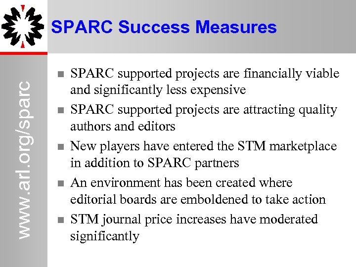 SPARC Success Measures www. arl. org/sparc SPARC supported projects are financially viable and significantly
