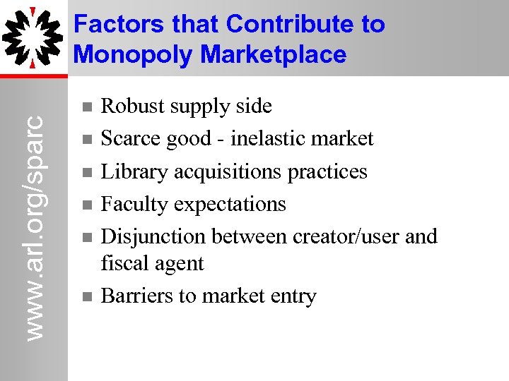 www. arl. org/sparc Factors that Contribute to Monopoly Marketplace Robust supply side Scarce good