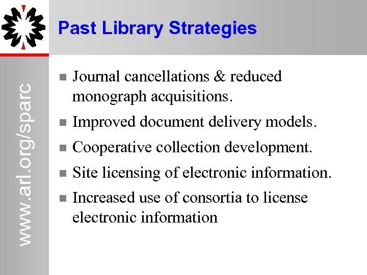 www. arl. org/sparc Past Library Strategies Journal cancellations & reduced monograph acquisitions. Improved document