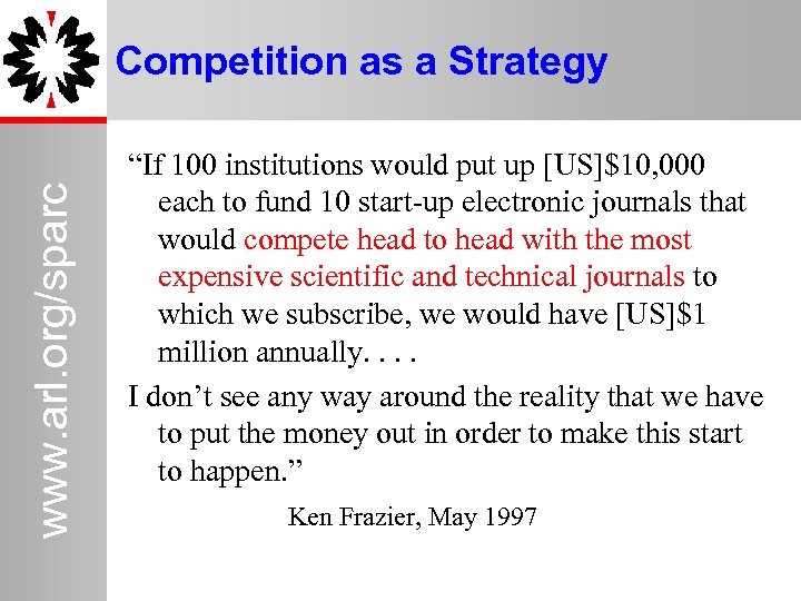 www. arl. org/sparc Competition as a Strategy “If 100 institutions would put up [US]$10,