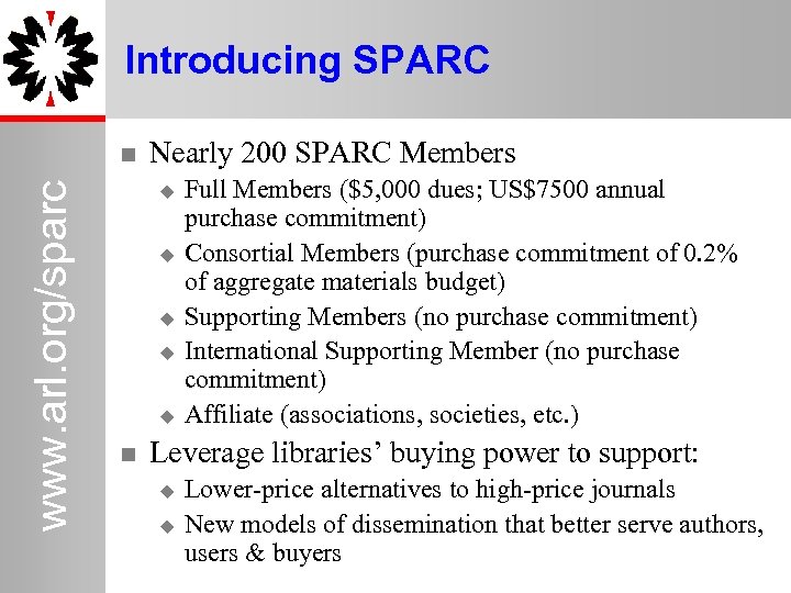 Introducing SPARC www. arl. org/sparc Nearly 200 SPARC Members Full Members ($5, 000 dues;