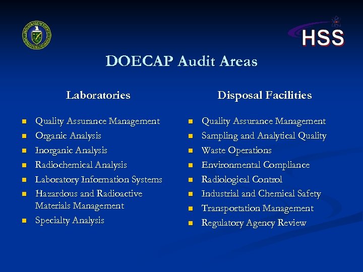 DOECAP Audit Areas Laboratories n n n n Quality Assurance Management Organic Analysis Inorganic