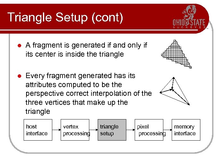 Triangle Setup (cont) l A fragment is generated if and only if its center