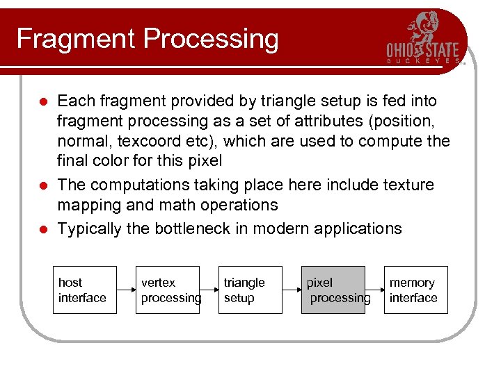 Fragment Processing Each fragment provided by triangle setup is fed into fragment processing as