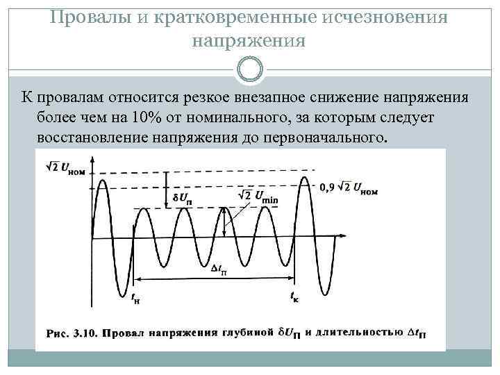 Провалы и кратковременные исчезновения напряжения К провалам относится резкое внезапное снижение напряжения более чем