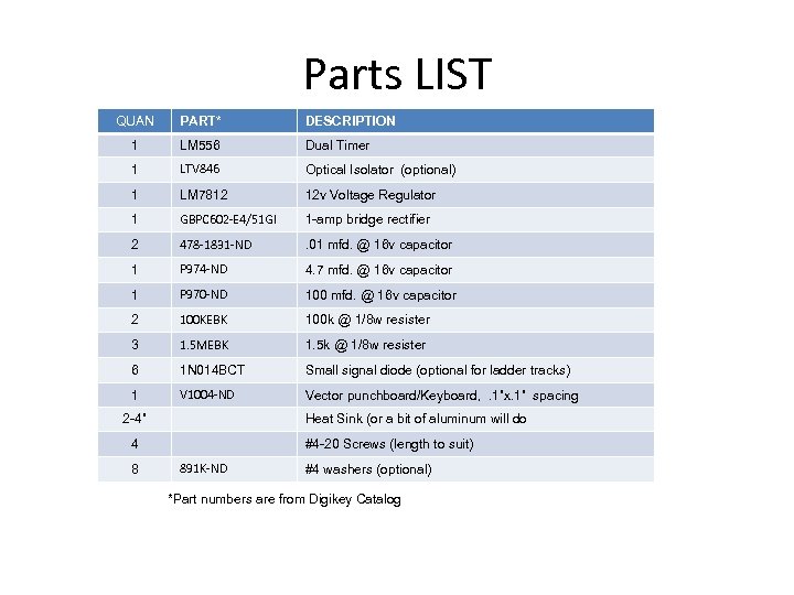 Parts LIST QUAN PART* DESCRIPTION 1 LM 556 Dual Timer 1 LTV 846 Optical