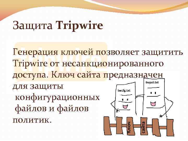 Защита Tripwire Генерация ключей позволяет защитить Tripwire от несанкционированного доступа. Ключ сайта предназначен для