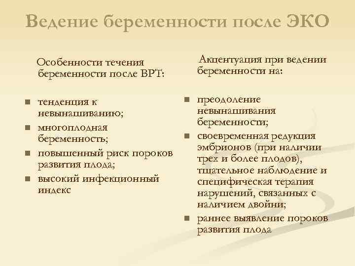Ведение беременности после ЭКО Акцентуация при ведении беременности на: Особенности течения беременности после ВРТ: