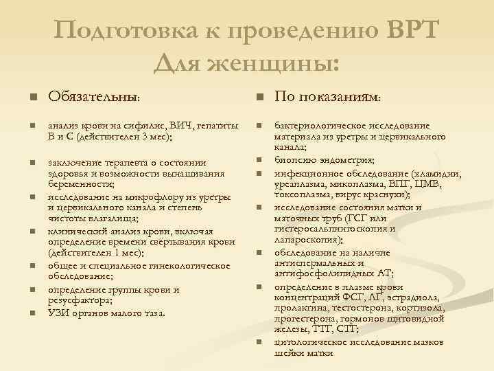 Подготовка к проведению ВРТ Для женщины: n Обязательны: n По показаниям: n анализ крови