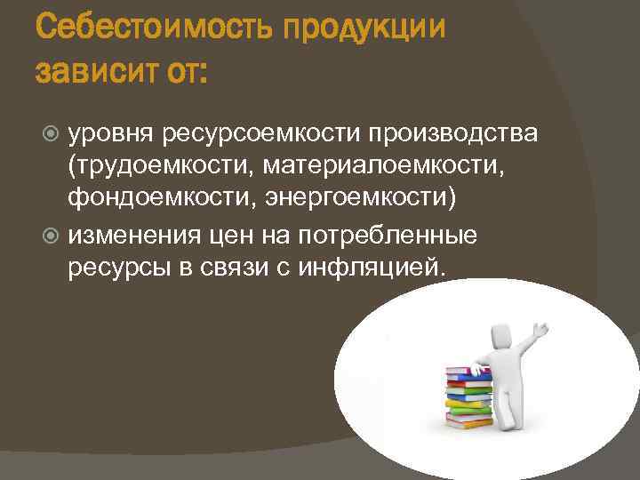 Себестоимость продукции зависит от: уровня ресурсоемкости производства (трудоемкости, материалоемкости, фондоемкости, энергоемкости) изменения цен на
