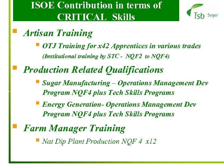 ISOE Contribution in terms of CRITICAL Skills § Artisan Training § OTJ Training for
