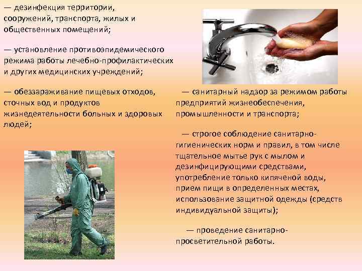 — дезинфекция территории, сооружений, транспорта, жилых и общественных помещений; — установление противоэпидемического режима работы