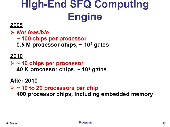 High-End SFQ Computing Engine 2005 Ø Not feasible ~ 100 chips per processor 0.