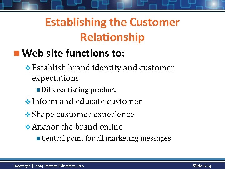 Establishing the Customer Relationship n Web site functions to: v Establish brand identity and