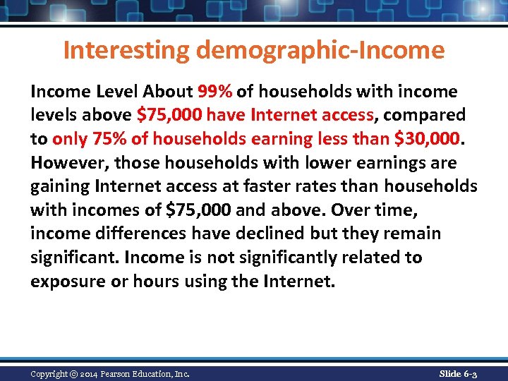 Interesting demographic-Income Level About 99% of households with income levels above $75, 000 have