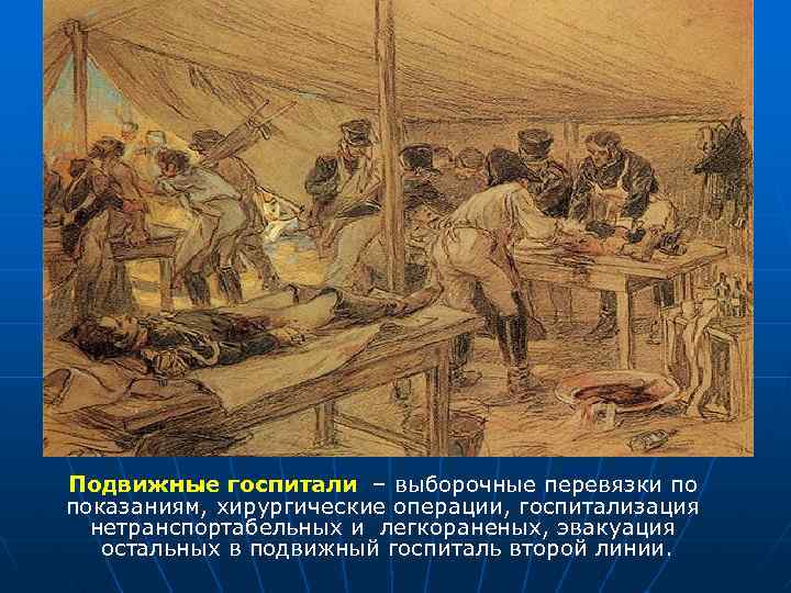 Подвижные госпитали – выборочные перевязки по показаниям, хирургические операции, госпитализация нетранспортабельных и легкораненых, эвакуация