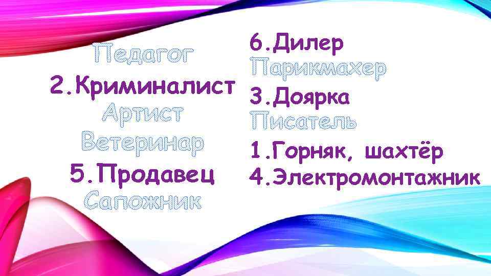 6. Дилер 2. Криминалист 3. Доярка 5. Продавец 1. Горняк, шахтёр 4. Электромонтажник 
