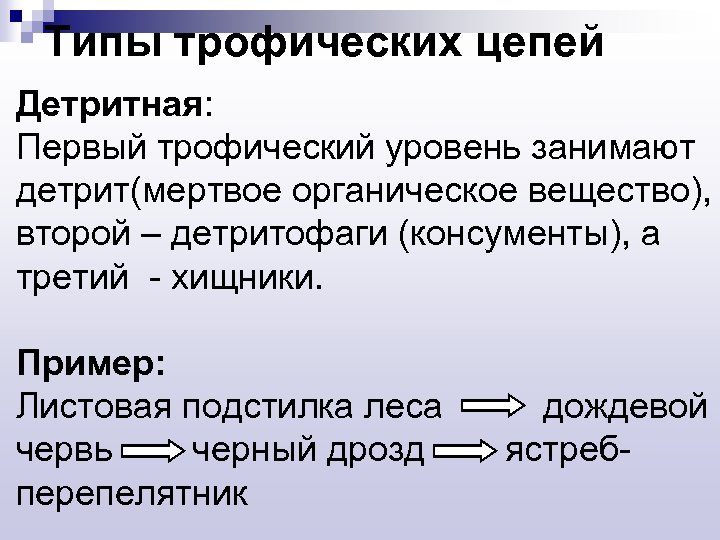 Типы трофических цепей Детритная: Первый трофический уровень занимают детрит(мертвое органическое вещество), второй – детритофаги