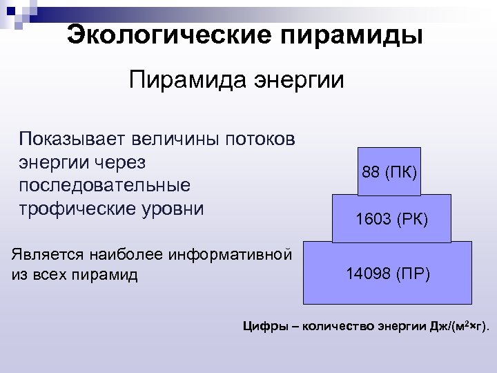 Экологические пирамиды Пирамида энергии Показывает величины потоков энергии через последовательные трофические уровни Является наиболее