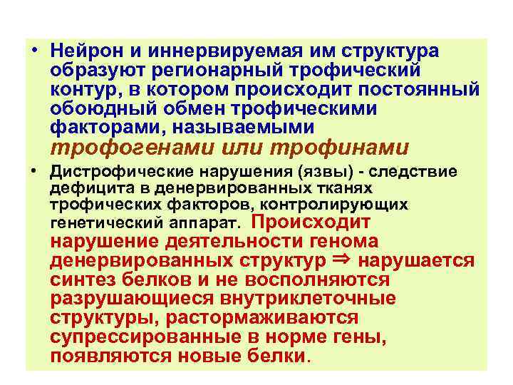  • Нейрон и иннервируемая им структура образуют регионарный трофический контур, в котором происходит