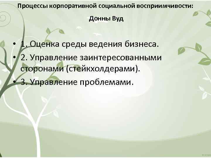 Процессы корпоративной социальной восприимчивости: Донны Вуд • 1. Оценка среды ведения бизнеса. • 2.