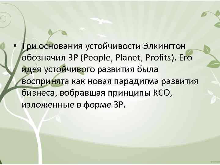  • Три основания устойчивости Элкингтон обозначил 3 Р (Реoрlе, Рlаnеt, Рrоfits). Его идея