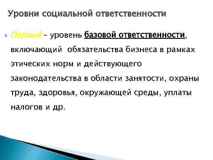 Уровни социальной ответственности Первый – уровень базовой ответственности, включающий обязательства бизнеса в рамках этических