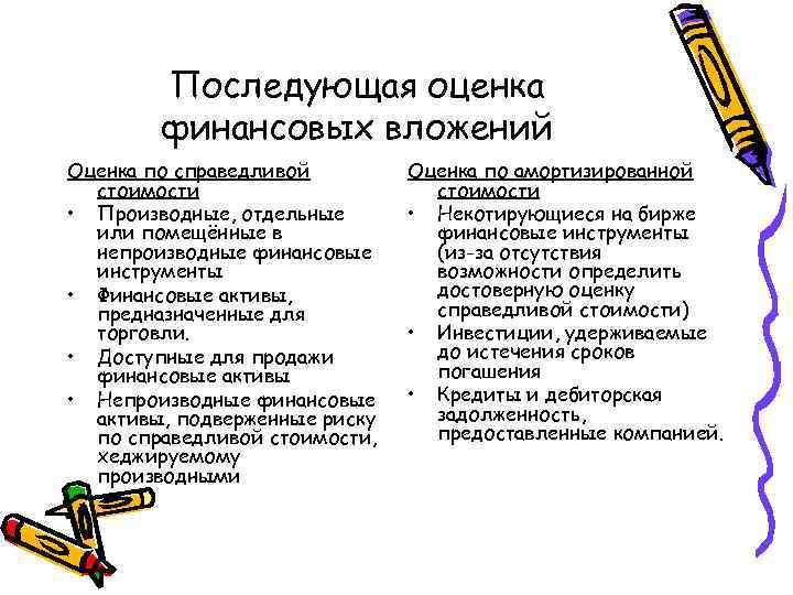 Последующая оценка финансовых вложений Оценка по справедливой стоимости • Производные, отдельные или помещённые в