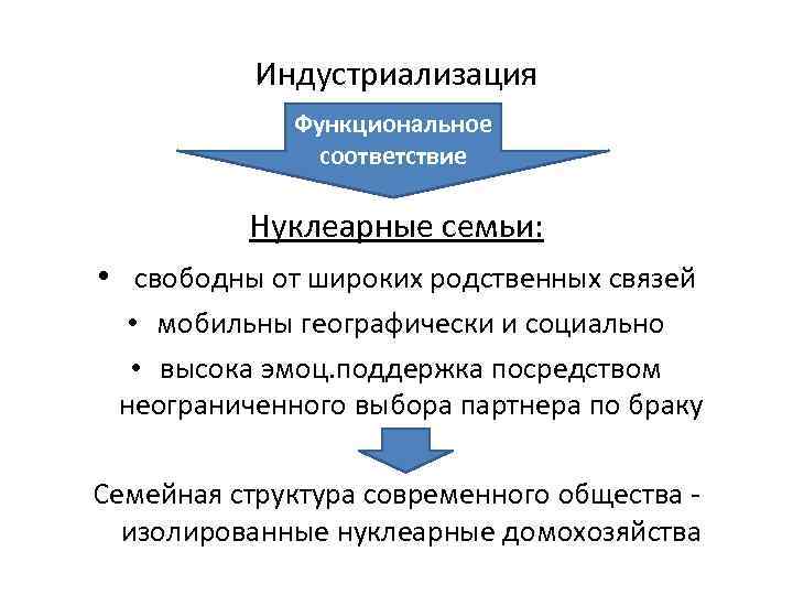 Индустриализация Функциональное соответствие Нуклеарные семьи: • свободны от широких родственных связей • мобильны географически