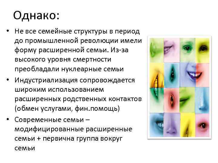 Однако: • Не все семейные структуры в период до промышленной революции имели форму расширенной