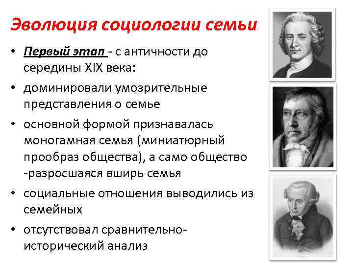 Эволюция социологии семьи • Первый этап - с античности до середины XIX века: •