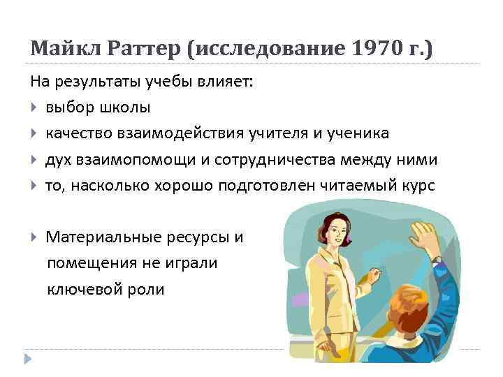 Майкл Раттер (исследование 1970 г. ) На результаты учебы влияет: выбор школы качество взаимодействия