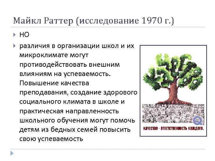 Майкл Раттер (исследование 1970 г. ) НО различия в организации школ и их микроклимате