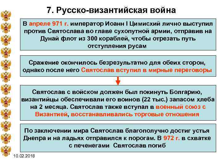 7. Русско-византийская война В апреле 971 г. император Иоанн I Цимисхий лично выступил против