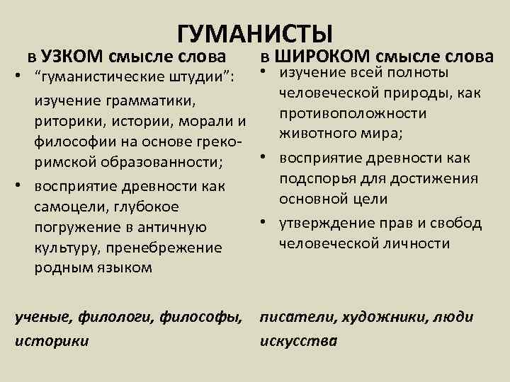 ГУМАНИСТЫ в УЗКОМ смысле слова в ШИРОКОМ смысле слова • “гуманистические штудии”: • изучение