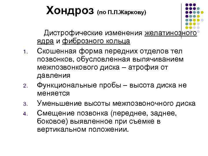Хондроз (по П. Л. Жаркову) 1. 2. 3. 4. Дистрофические изменения желатинозного ядра и