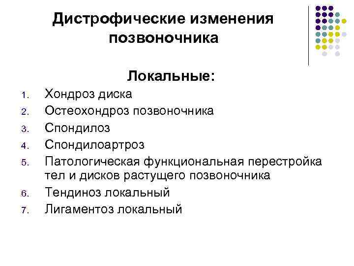 Дистрофические изменения позвоночника Локальные: 1. 2. 3. 4. 5. 6. 7. Хондроз диска Остеохондроз