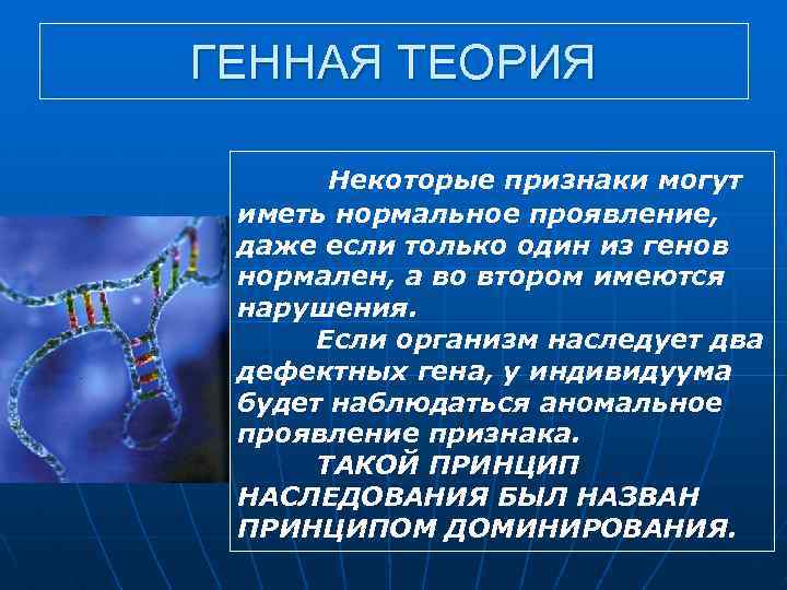 ГЕННАЯ ТЕОРИЯ Некоторые признаки могут иметь нормальное проявление, даже если только один из генов