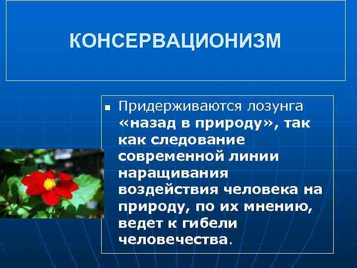 КОНСЕРВАЦИОНИЗМ n Придерживаются лозунга «назад в природу» , так как следование современной линии наращивания