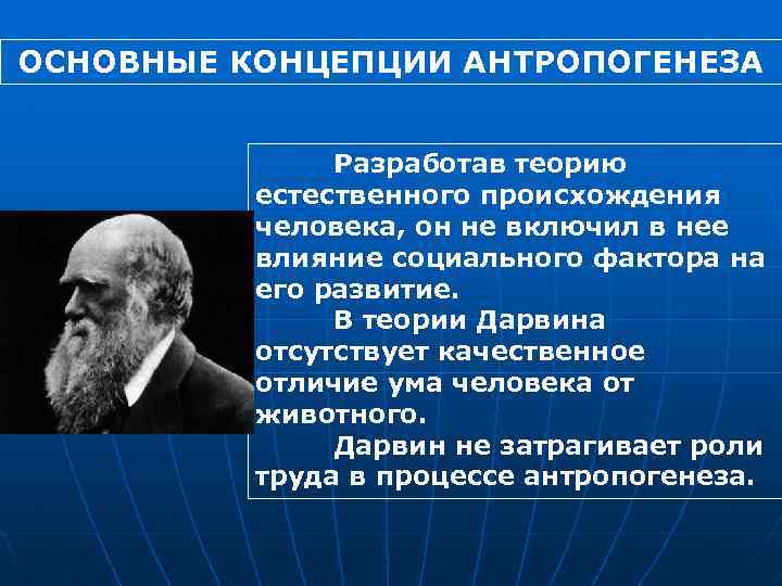 ОСНОВНЫЕ КОНЦЕПЦИИ АНТРОПОГЕНЕЗА Разработав теорию естественного происхождения человека, он не включил в нее влияние