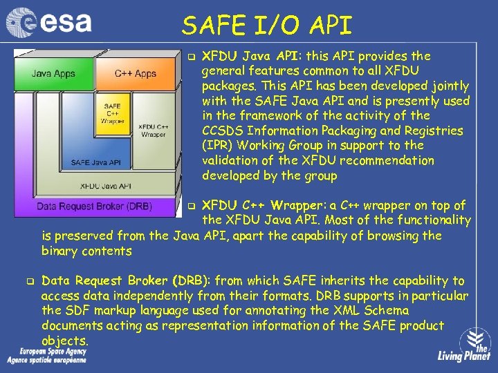 SAFE I/O API q XFDU Java API: this API provides the general features common