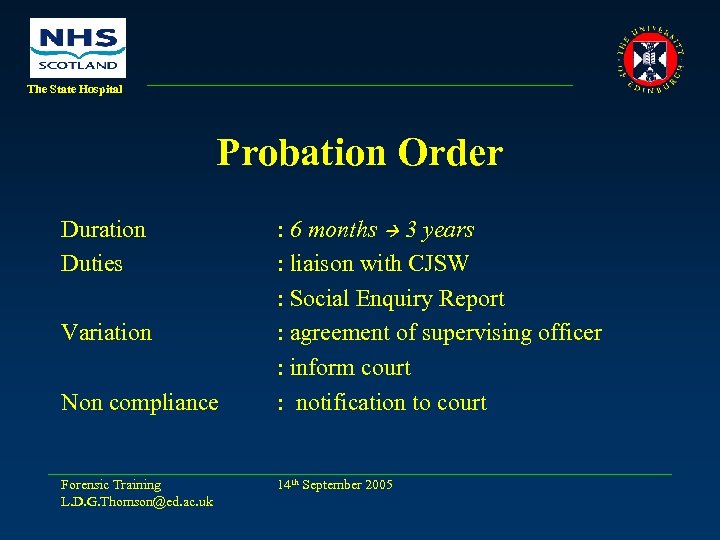 The State Hospital Probation Order Duration Duties Variation Non compliance Forensic Training L. D.